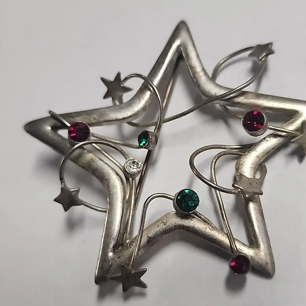 Vintage Silver Tone with Red and Green Rhinestones Star Christmas Brooch
